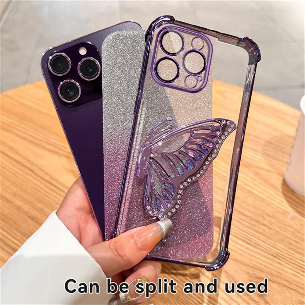 Redmi Note 14 Pro 5G Shockproof Glitter Butterfly Holder Stand Case For Xiaomi Redmi Note 14S 13 14 Pro Plus Crystal Chain Cover