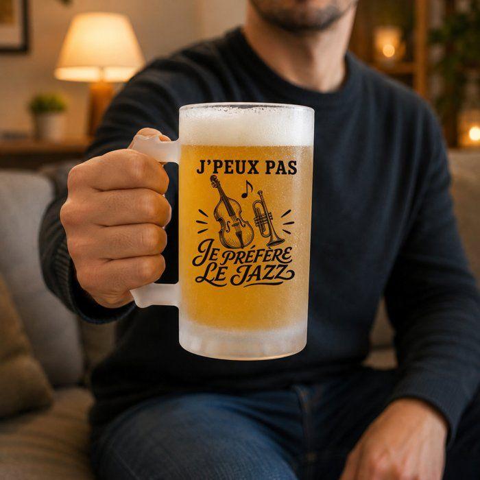 Chope de bière - PLANETEE - J’peux pas je préfère le Jazz (minimaliste) - Verre trempé givré - 470 ml - Impression durable