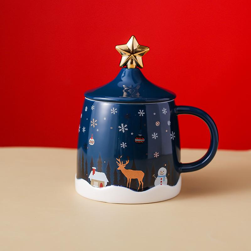 Weihnachtsgeschenk Tasse Keramik Cartoon Tasse Paar Tasse Wasserbecher Kaffeetasse mit Deckel Löffel
