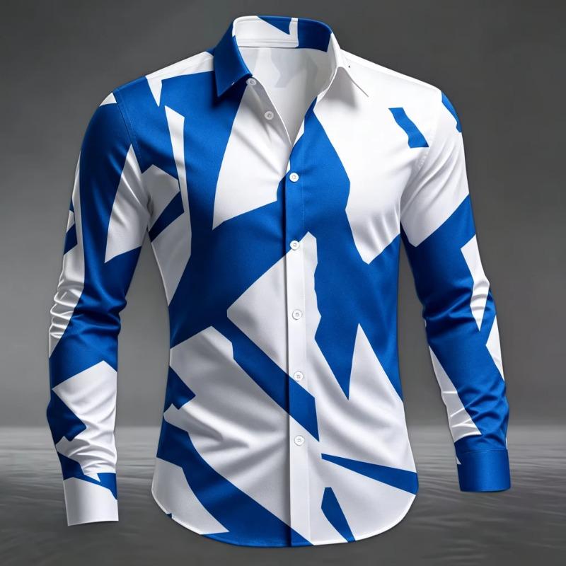 Men's Artistic Geometric Abstract Print Long Sleeve Dress Shirt Smooth Breathable Fabric Slim Fit Formal Business Casual Social