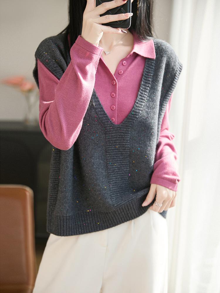 Women's Loose V-Neck Sequin Knit Vest - Fine Wool, Perfect for Spring & Autumn Layering