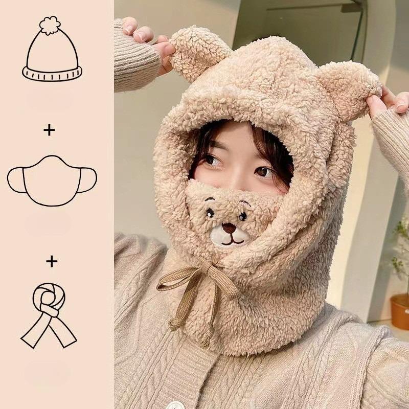 Căciulă de iarnă cu desene animate și mască Urs Miel Căciuli cu urechi Calde Îngroșate Protecție pentru urechi Căciuli tip Skullies pentru Femei Fete Kawaii