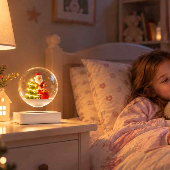 Modern Holiday Ornament for Tables Magnetic Levitating Santa Claus Tree with LED Light, Lighted Rotating Floating Christmas Glass Ball Tabletop Office