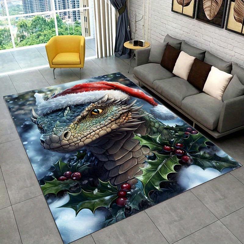 

Christmas Dragon Rug Festive Holiday Carpets Green Dragon with Holly Berries Design Winter Seasonal Decor Skid resistant carpet 50x80cm