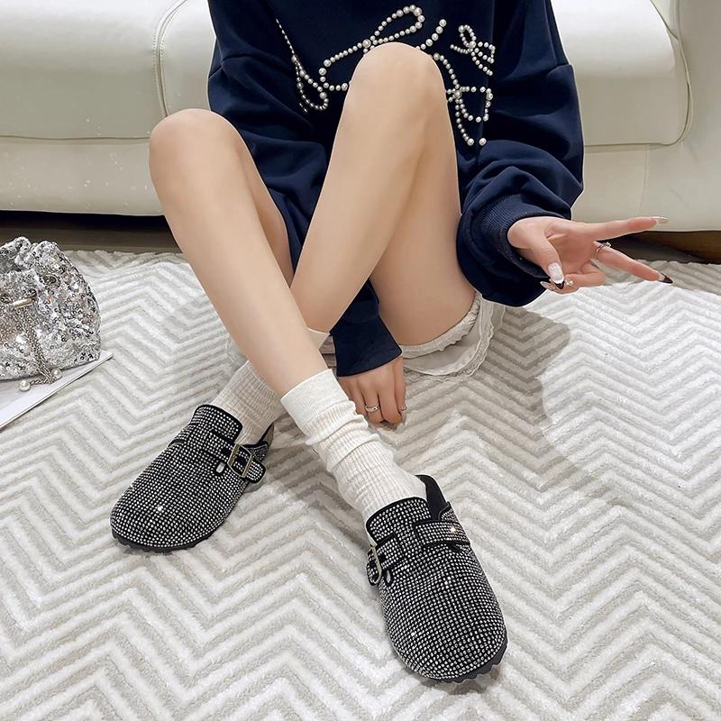 Women's Mules Flat Sole Rhinestones Cover Toe One Kick Women's Slippers Dress Retro Spring Autumn Zapatillas De Mujer