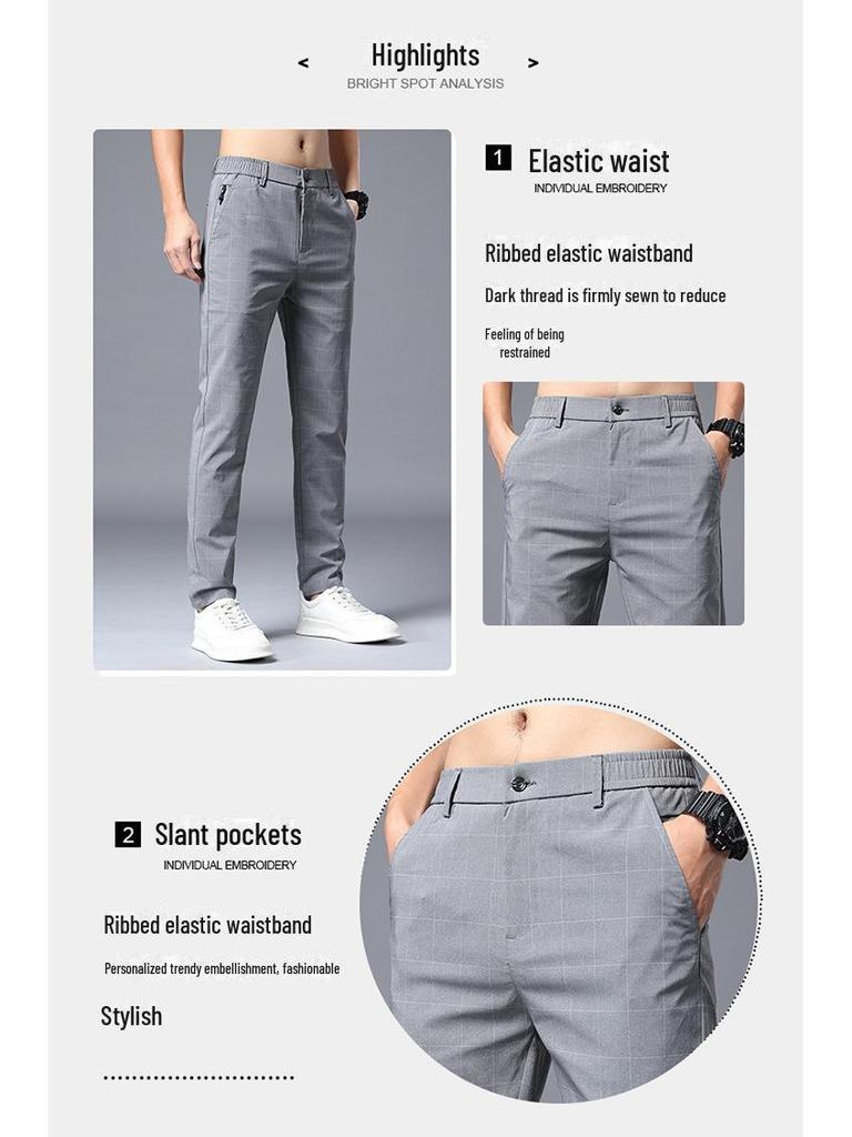 Men's Casual Plaid Elastic Trousers - Korean Style