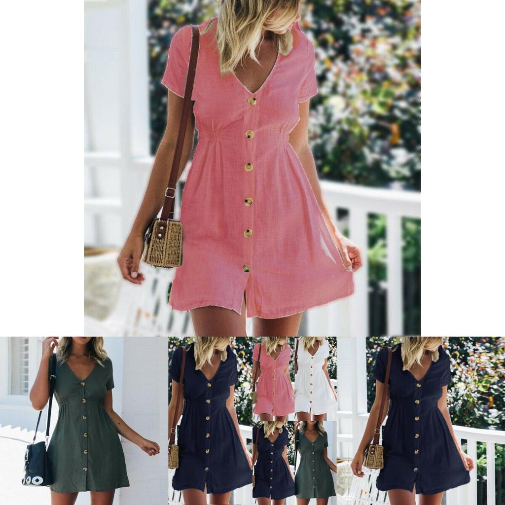Stylish Women Button Down V Neck Mini Tea Dress In Soft Comfortable Fabric Perfect For Summer Days