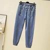 Womens Elastic High Waist Denim Trousers Drawstring Jogger Harem Pants Long Ankle Trousers Blue Loose Cowboy Pants New 2024