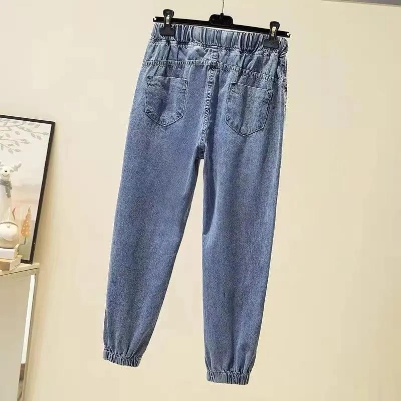 Womens Elastic High Waist Denim Trousers Drawstring Jogger Harem Pants Long Ankle Trousers Blue Loose Cowboy Pants New 2024
