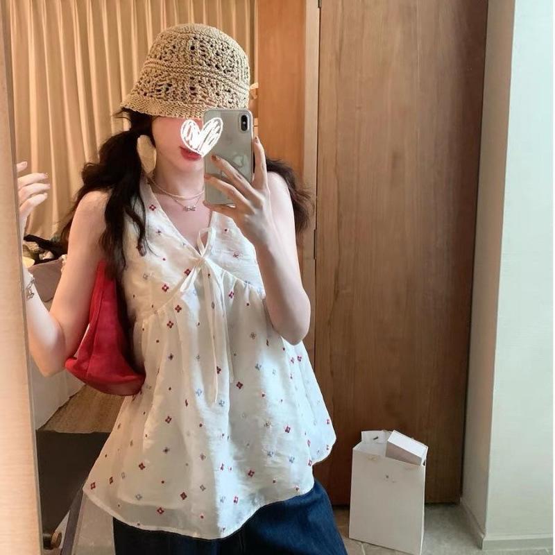 Summer Korean Sweet Princess Style Printed Versatile Design Women's V-Neck Sleeveless Top