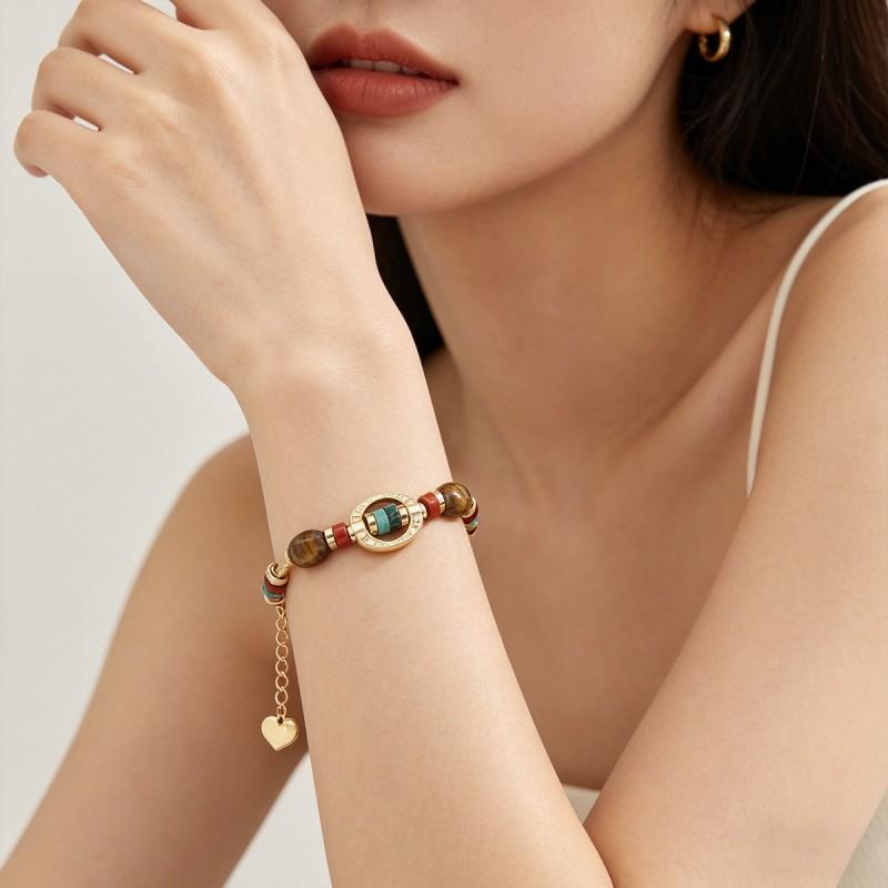 Boho Chic Geometric Stone Beaded Bracelet With Gold-Tone Metal Accents Vintage-Inspired Womens Handmade Jewelry