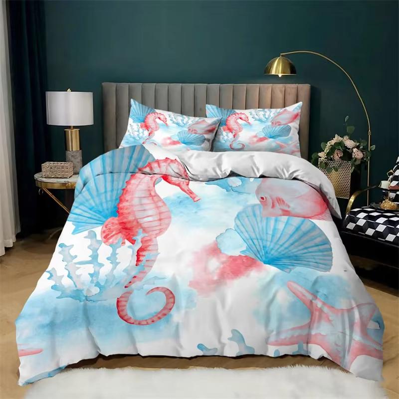Copripiumino Cartoon Animali Marini King/Queen Set Biancheria da Letto Nautico Costiero Coperta Trapuntata Cavalluccio Marino Set da 3 Pezzi Per Bambini e Bambine