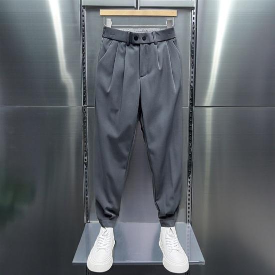 Spring Fall Men Ninth Pants Ankle-banded Elastic Waist Thin Loose Side Pockets Solid Color Harem Pants Suit Pants Long Trousers