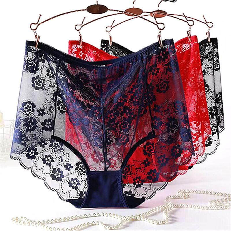 Plus Size M-3XL Big Women Floral Transparent Lace Panties Sexy High Waist Underwear Hollow Out Solid Color Perspective Lingerie