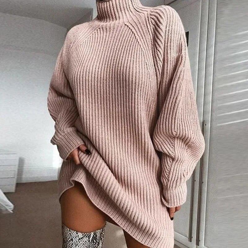 

Turtleneck Long Sleeve Sweater Dress Fashion Autumn Knitted Elegant Women Clothes Casual Solid Loose Warm 29379