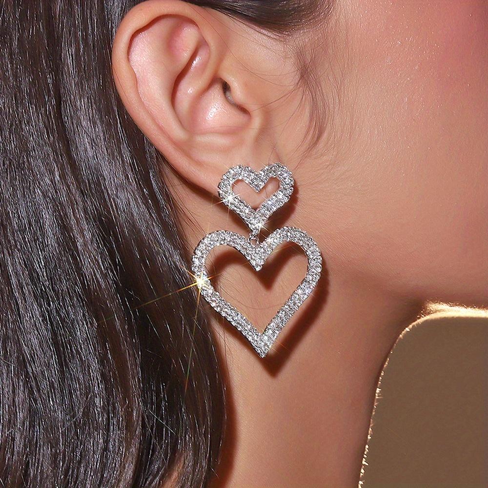 Elegant Double Heart Earrings - Shiny and Gorgeous Hollow Design Pendant Jewelry, Suitable for Formal Parties, Weddings, and Daily Wear