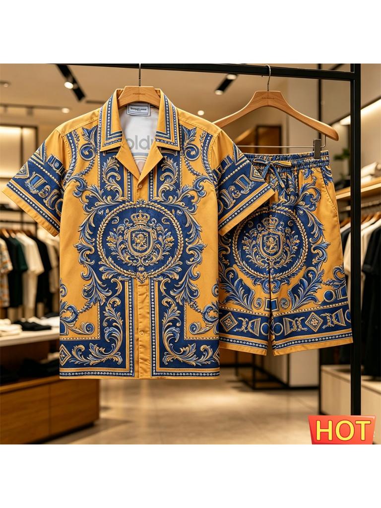Sommer Retro Herren Hawaiianischer Urlaubshemd-Set Atmungsaktives Herren Freizeit Zweiteiliges Set