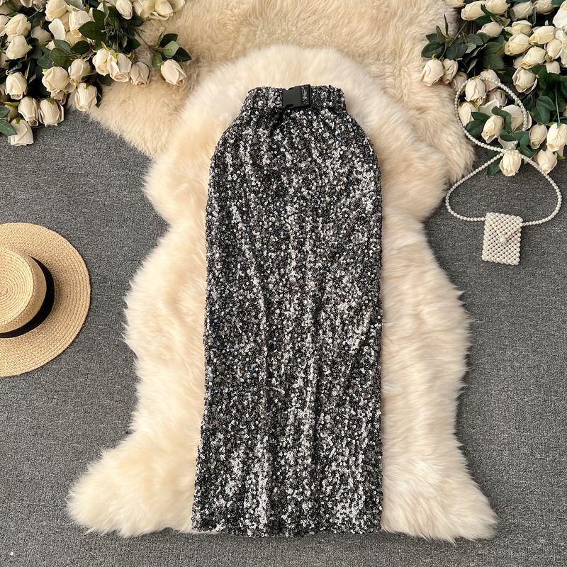 

INS Блестящая Облегающая Талию Стройнящая Длинная Юбка-Карандаш с Блестками Grey All yards