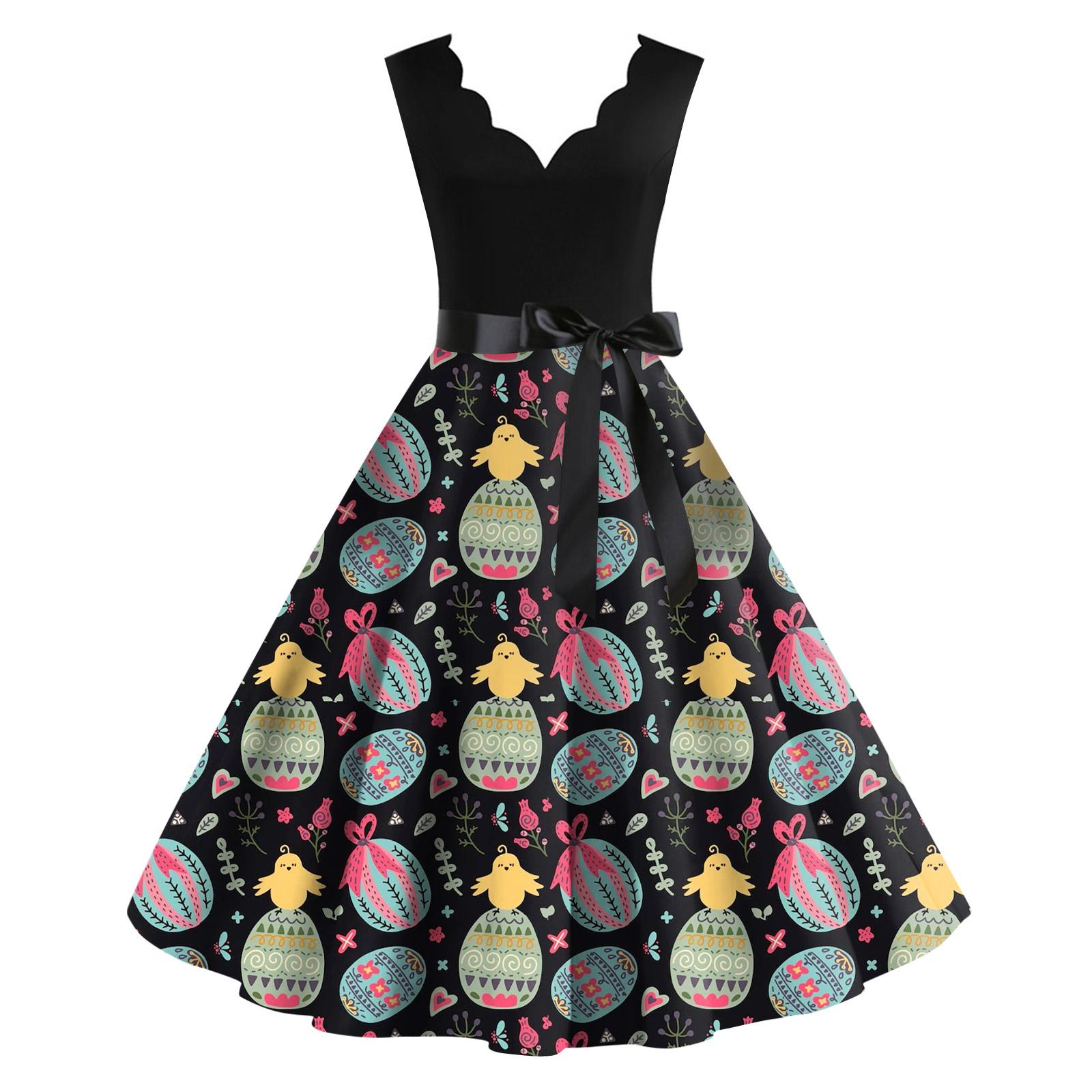 

Женское повседневное модное ретро-платье с V-образным вырезом и пасхальным принтом L чёрный