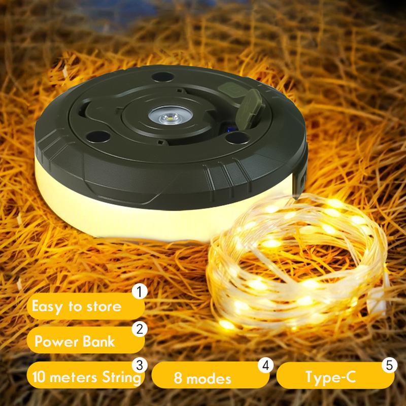 Multifunction LED Camping Reel String Lights 10M USB Outdoor Portable Tent Lamp Night Lights for Garden Patio Room Party Decor