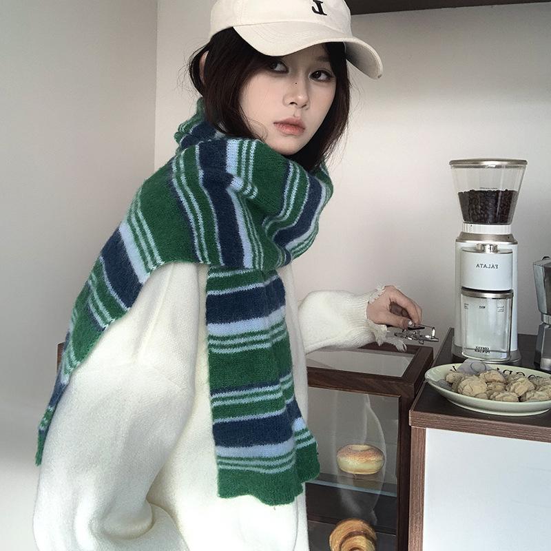 Falling Pool Women's Retro Striped Knit Scarf - Fluffy, High-End, Soft Neck Warmer for Autumn/Winter