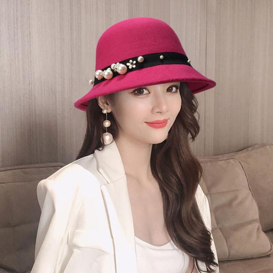 Top Hat British Style Faux Pearl Decor Down Brim Sunshading Round Top Decorate Retro Vintage Women Cloche Hat for Church