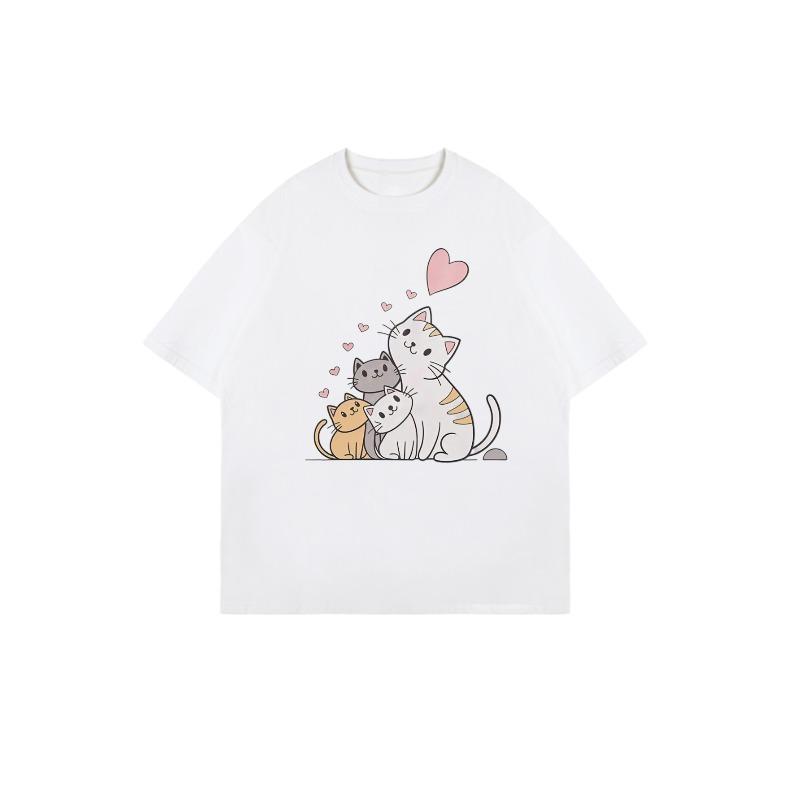 Cute Cat Family Print Oversized T-Shirt Black With Heart And Cats Design For Casual Wear And Everyday Outfits