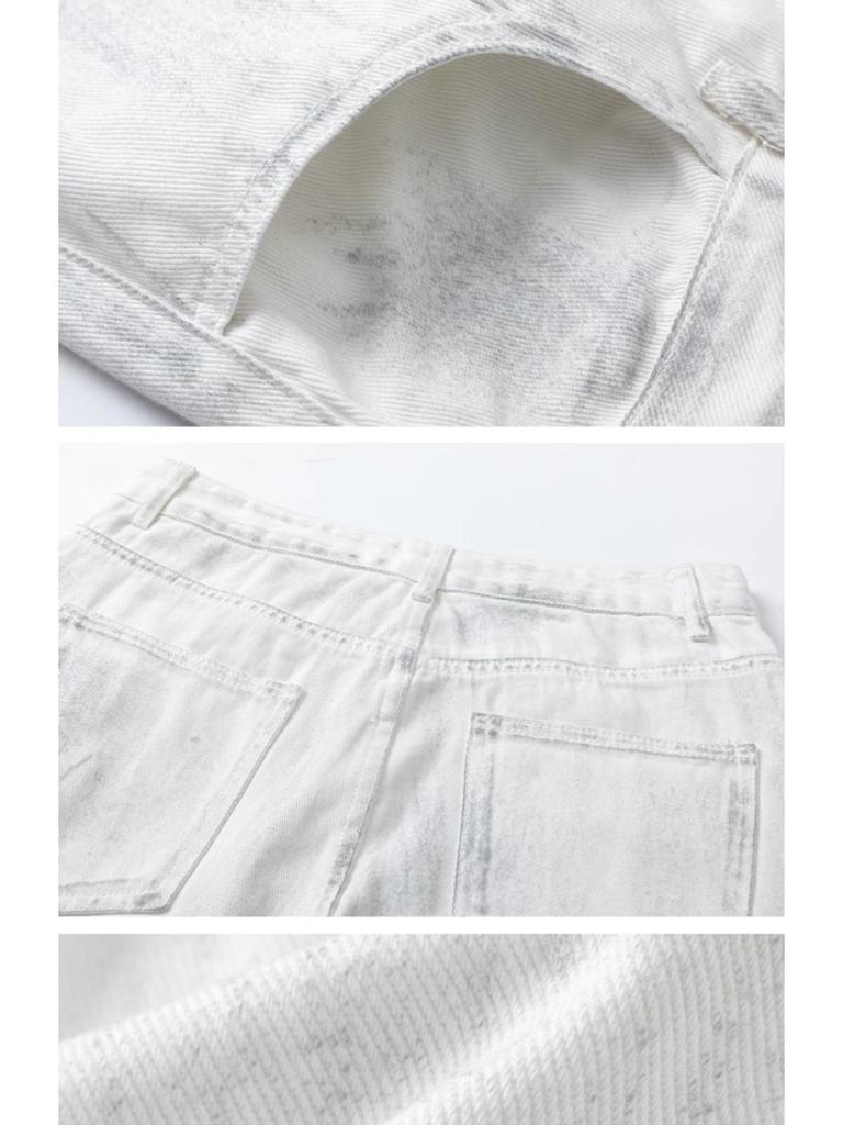 2025 Unisex Distressed Washed Wide-Leg White Gray Jeans - Casual Loose Fit