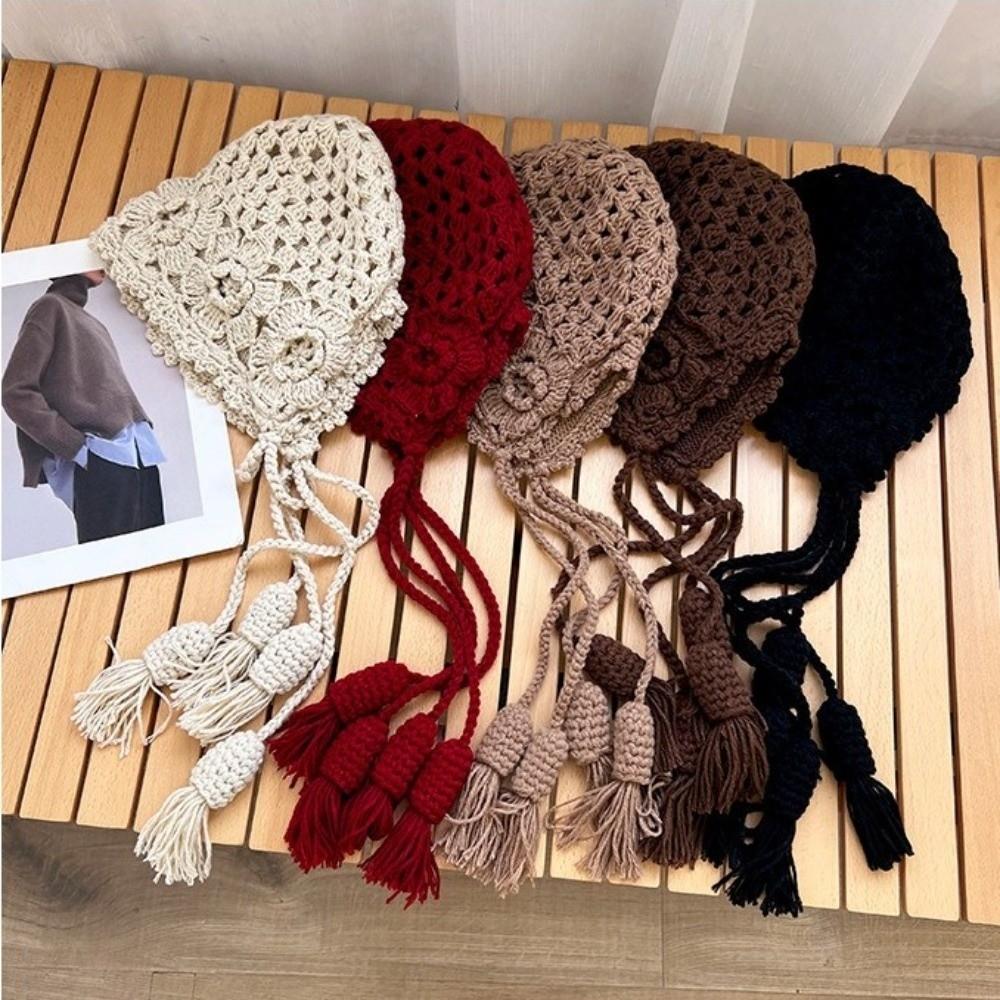 Fashion Hollowed-out Flower Bonnet Hat Hand Woven Long Tassel Knitted Ear Protection Hat Windproof Pullover Hat