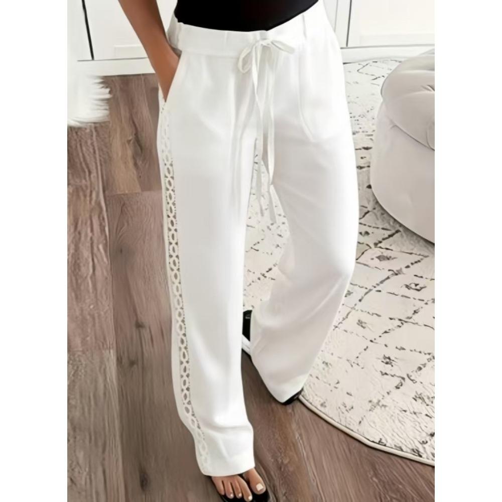 

Elegant Side Lace Trim Long Pants, Oblique Pocket Design, Casual Loose Trousers for Women, Daily Fashion Bottoms S
