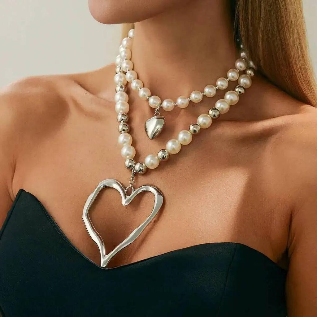 KunJoe 2Pcs/Set Luxury Imitation Pearl Choker Necklace for Women Exaggerated Hollow Big Heart Pendant Necklace Wedding Jewelry
