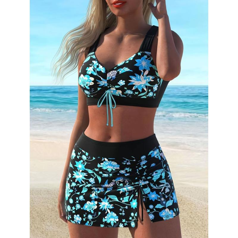 Damski tropikalny zestaw bikini z drzewem kokosowym - Wysoka rozciągliwość, Można prać w pralce strój kąpielowy ze sznurkiem