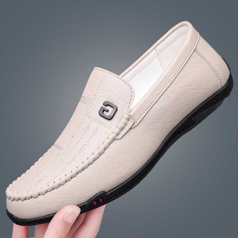 

Spring and summer new men s daily casual leather shoes men s lazy foot cover soft sole soft surface driving shoes 44 бежевий