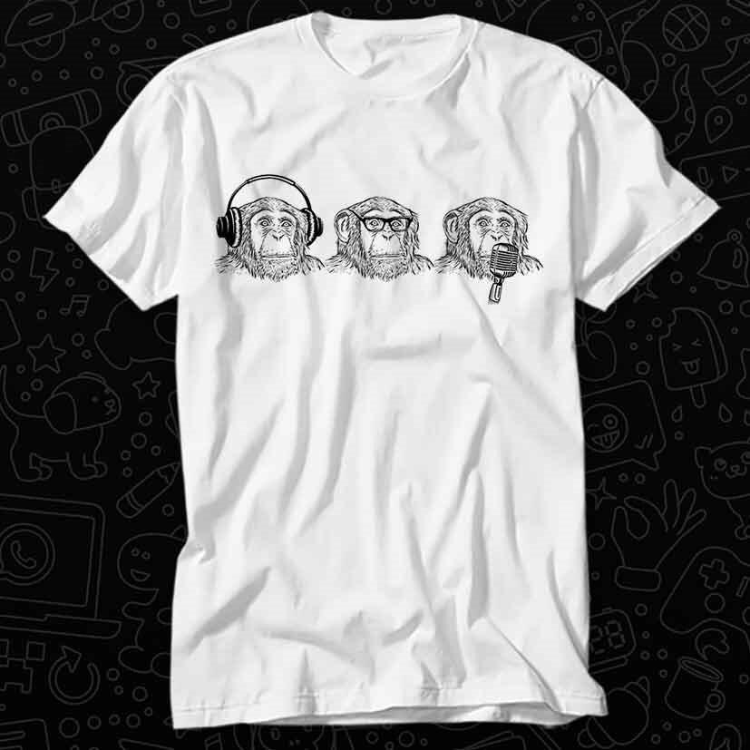 

Three Wise Cheeky Monkey Hear See Speak Evil Headphones Sing Glass T Shirt 588 XL