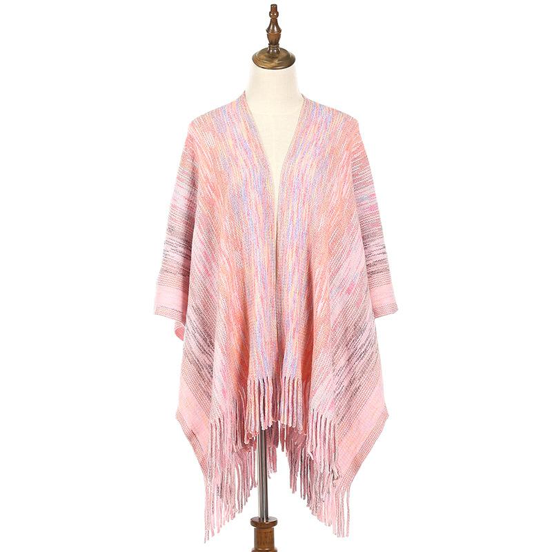 Women Gradient Space‑Dye Tassel Poncho Cape, Polyester Knit Open Front Shawl Wrap, Casual Soft Oversized Shoulder Cover Outerwear