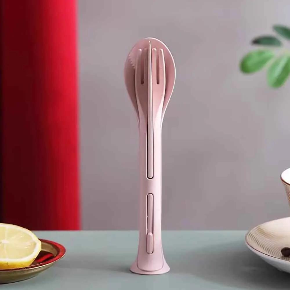 Camping 3-teiliges tragbares Geschirrset Weizenstroh Geschirr Abnehmbares Besteck Reisegeschirr Picknick Geschirrset