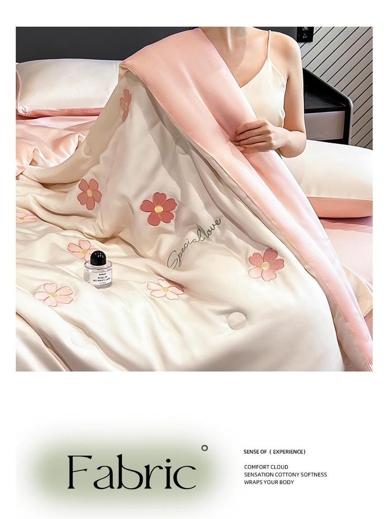 Lightweight Silk Summer Quilt Set - Washable, Air Conditioning Friendly, 4-Piece Luxury Bedding Gift