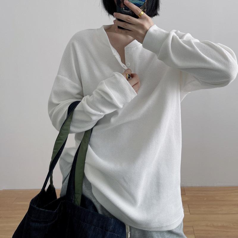 Waffle Long Sleeve T-Shirt Women's Season Thin Girlfriend Clothing Loose Student Interior Bottom Top