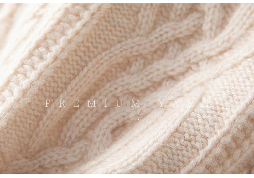 Women's Thick Cable Knit Cashmere Sweater - High Neck, Loose Fit, Soft Jacquard Inner Layer