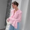 French Court Chiffon Ruffle Top Women's 1116 Spring and Summer Design Pink V-neck Horn Sleeve Shirt