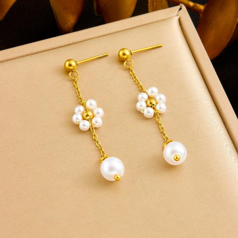 Pearl Flower Jewelry Set For Women Gold Plated Stainless Steel Necklace Bracelet Earrings