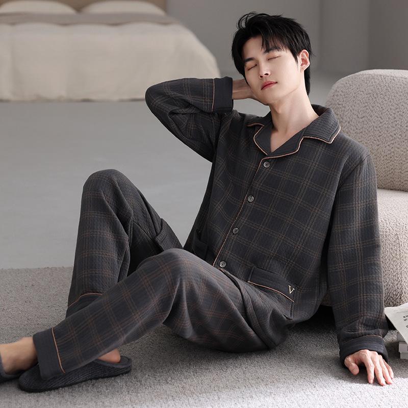 Air cotton sandwich pajamas men's autumn and winter thickened pure cotton long-sleeved men's winter thin padded large-size loungewear