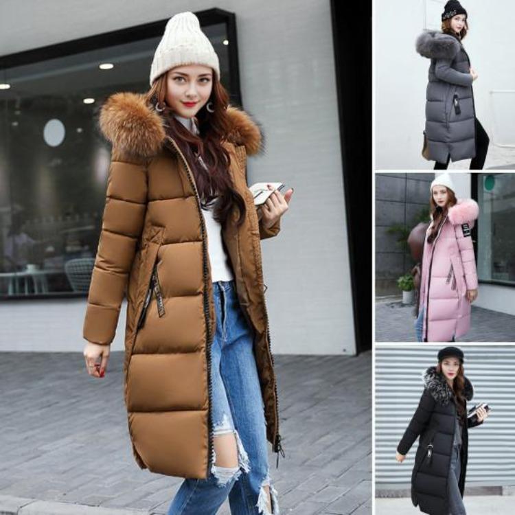 Winter Women Parka Cotton Jacket Windproof Padded Coat Zip Up Long Sleeves Furry Hood Heat Retention Knee Length Solid Color Outwear with Pockets
