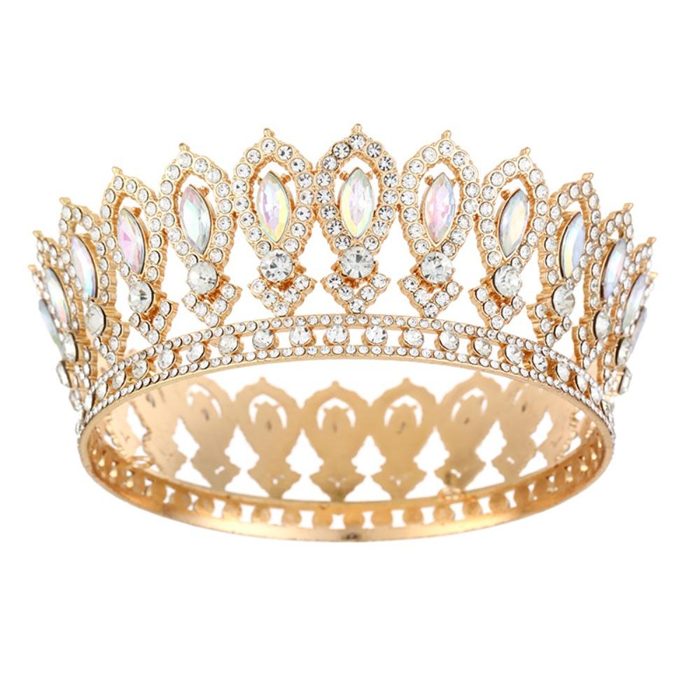 Round Princess Queen Tiara European Crystal Full Crown Metal Bridal Wedding Crowns  Birthday Party