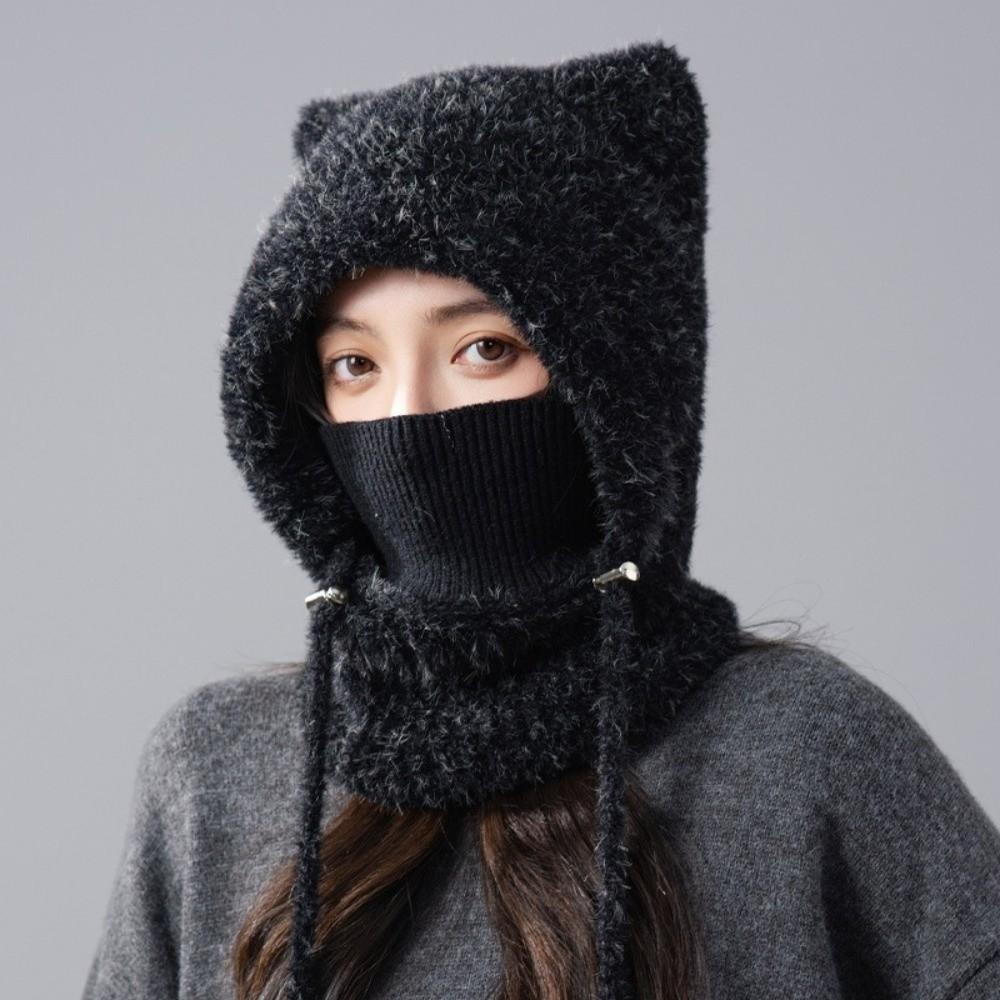 Fluffy Balaclava Hat Korean Style Hooded Cap Cute Knitted Hat  for Women