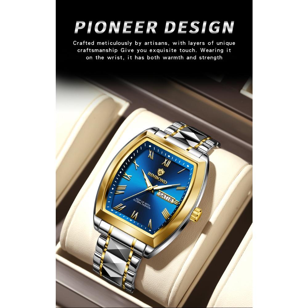 BINBOND B355 Stainless Steel Men Watch Top Quailty Luxury Push Button Hidden Clasp Waterproof Luminous Date Week Sport Men Watch