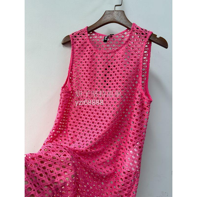 

Export Pure Original Piece * Pure Original Summer Dopamine Pink round-Collar Sleeveless Hollow out See-through Bikini Cover Pink Bikini Blouse XS