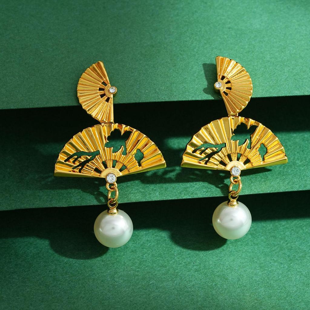 Chinese Double Layer Gold Fan Tassel Pearl Earrings with Silver Studs