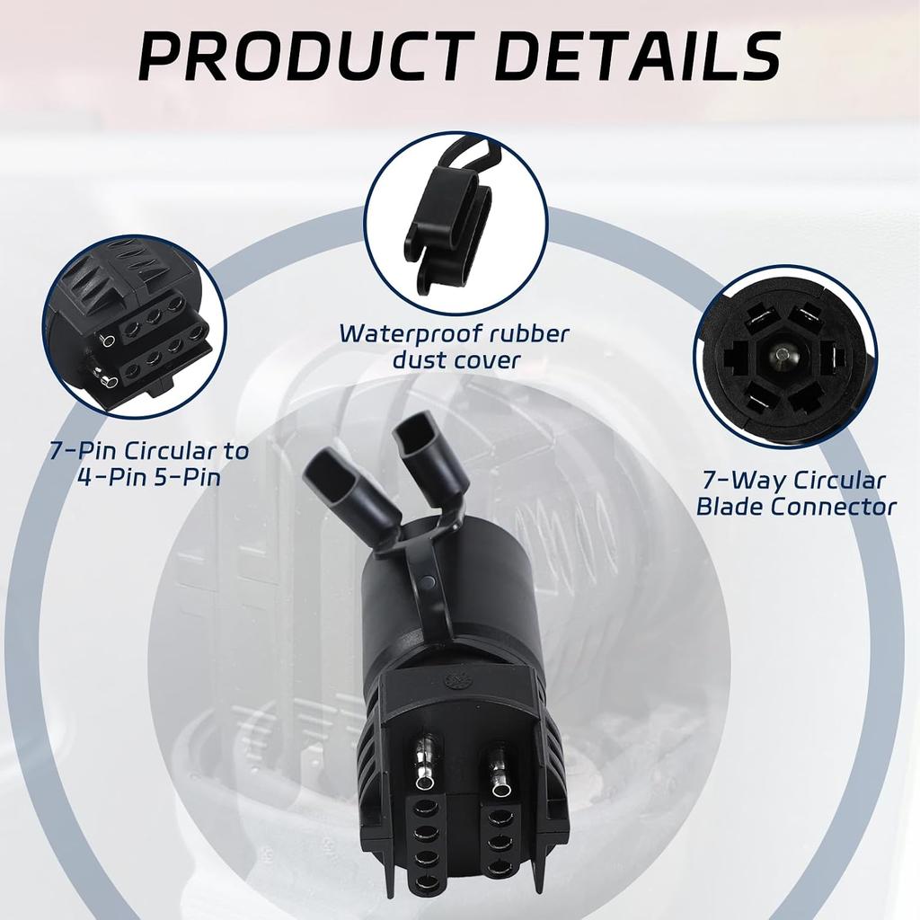 Trailer Plug Adapters, 7 Pin Round to 4 Pin and 5 Pin Flat Blade Trailer Adapter, Waterproof 2-in-1 Design Flat Blade Trailer Connector Plug for