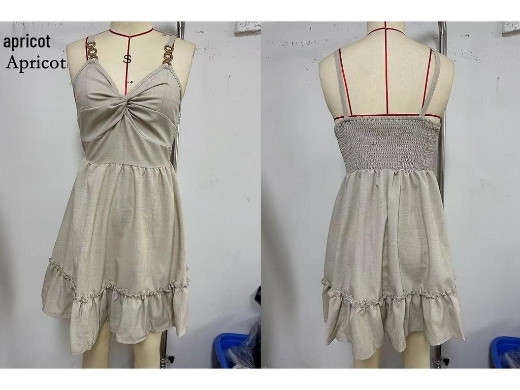 Elegant Jurk met Spaghettibandjes, Metalen Versiering, Bedrukte Knoop, Knielengte